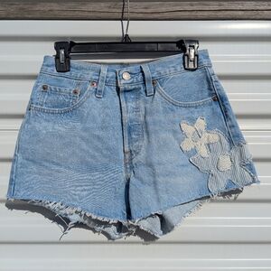 Levi's 501 High Rise Raw Hem Jean Shorts With Boho Flower Patchwork